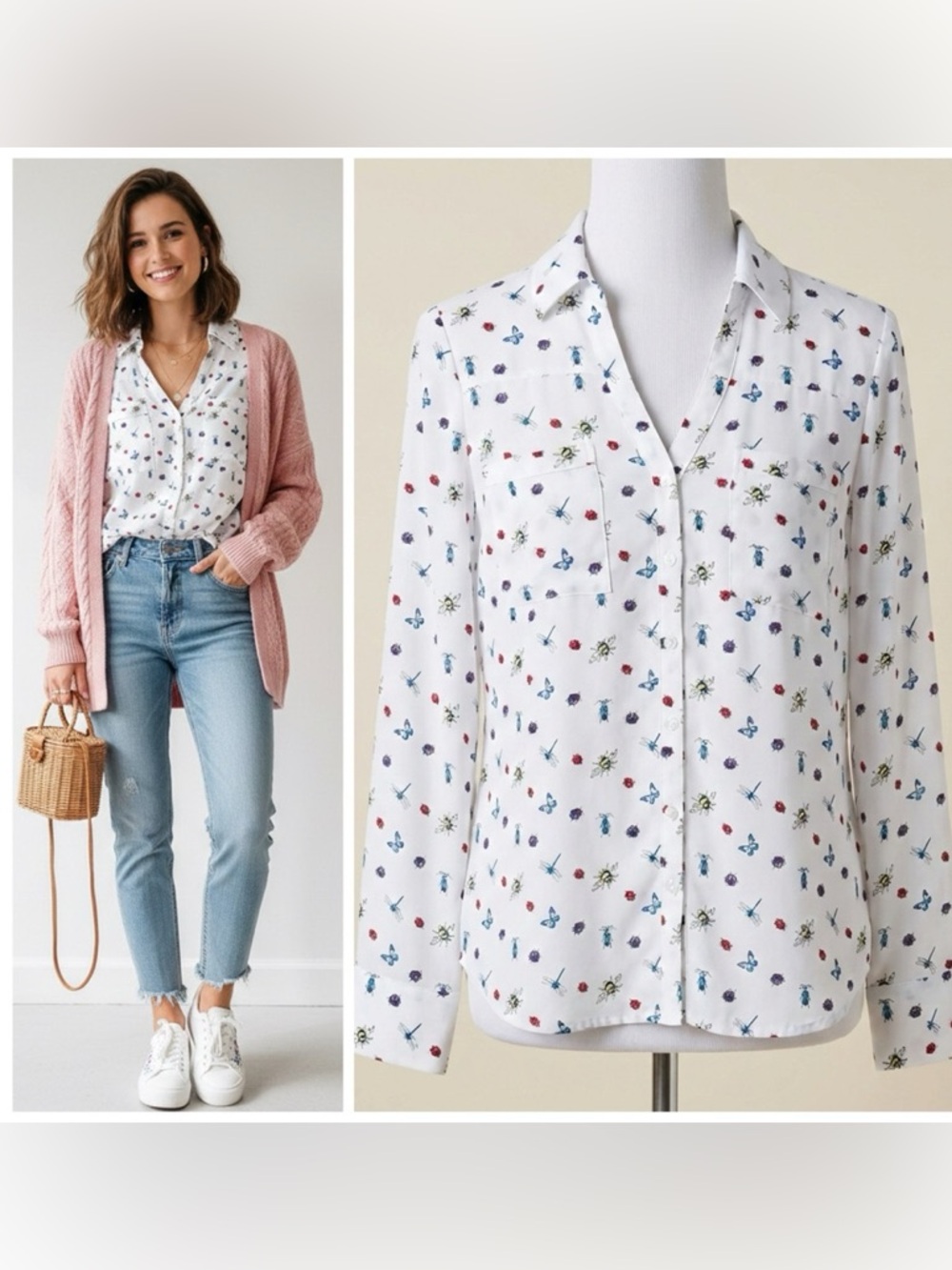 Express Portofino Whimsical Twee Insect Print Blouse White Colorful Print Size S - Picture 4 of 12